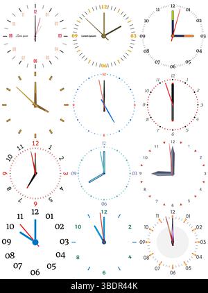 A set of different mechanical clocks with an image of each of the twelve hours. Clock face on white background. Stock Vector