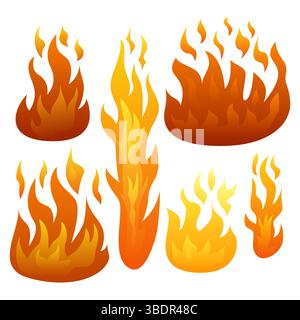 Set of Six Fire Flames isolated on white background. Vector illustration Stock Vector