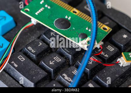 Computer keyboard. A broken, dirty, and dusty keyboard on a light background. High quality photo Stock Photo