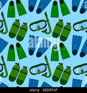 Seamless summer pattern with diving equipment such as snorkel and diving mask, swim fins or flippers, oxygen scuba diving air tanks on light blue back Stock Vector