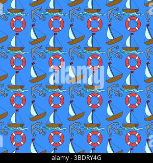Seamless summer nautical cartoon pattern with sailboats, anchors, life buoys, ocean waves on blue background. For summertime, maritime, sea clothing d Stock Vector