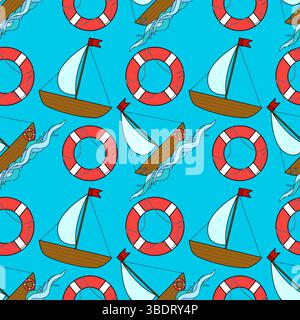 Seamless summer nautical cartoon pattern with sailboats, life buoys, ocean waves on blue background. For summertime, maritime and sea clothing design, Stock Vector