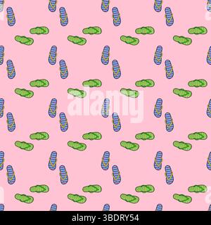 Vector seamless summer pattern with many flip flops. Beach shoes on pink background. Striped foot slippers. For summertime clothing and garments desig Stock Vector