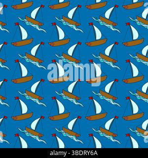 Seamless summer nautical cartoon pattern with sailboats, and ocean waves on dark blue background. For summertime, maritime and sea clothing design, be Stock Vector