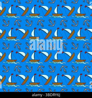 Seamless summer nautical cartoon pattern with sailboats, anchors, and ocean waves on blue background. For summertime, maritime and sea clothing design Stock Vector