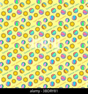 Vector seamless summer cartoon pattern with suns, sunbeams, and beach balls on yellow background. For summertime, sports clothing and garments design, Stock Vector