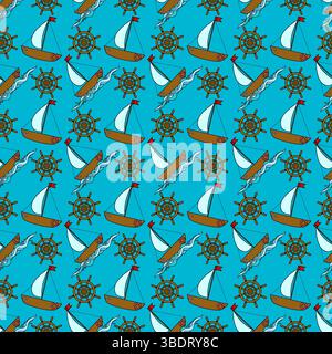 Seamless summer nautical cartoon pattern with sailboats, steering wheels, ocean waves on blue background. For summertime, maritime, sea clothing desig Stock Vector