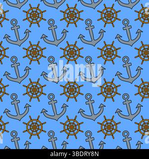 Seamless summer nautical cartoon pattern with many steering wheels, and anchors on blue background. For summertime, maritime and sea clothing design, Stock Vector