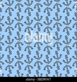 Vector seamless summer nautical cartoon pattern with many anchors on a light blue background. For summertime, maritime and sea clothing design, beddin Stock Vector