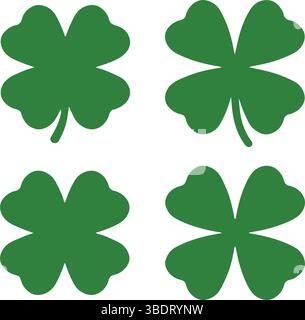 Icon set of green four-leaf clover flower. Simple flat design vector illustrations, Stock Vector