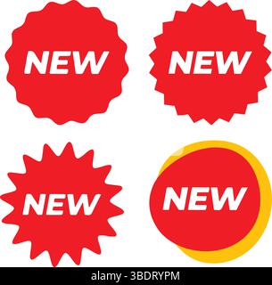 Red round icon set of a new product sale tag sticker, button, stamp, coupon, ribbon, mark, label. Stock Vector