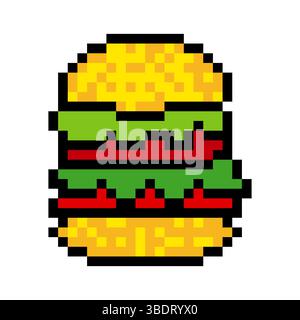 Hamburger fast food in pixel art style Stock Vector