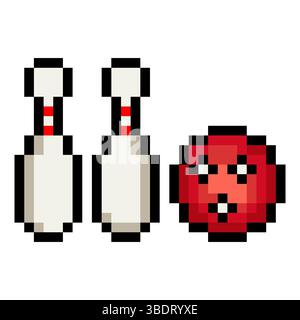 Bowling ball and bowling pins in 8 bit pixel art style Stock Vector