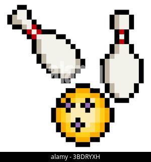Bowling ball and bowling pins in 8 bit pixel art style Stock Vector