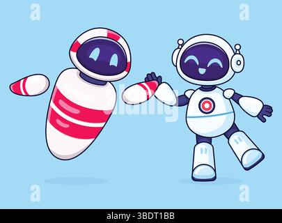 Two cute robots high five each other. Vector cartoon illustration. Stock Vector