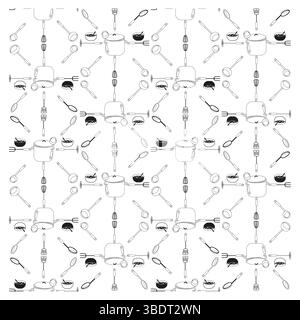 Seamless kitchen layout. Tools in repetition. Cookware in grid. Linear utensil design. Stock Vector