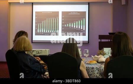 Back view of women watching a powerpoint presentation at a business breakfast Stock Photo