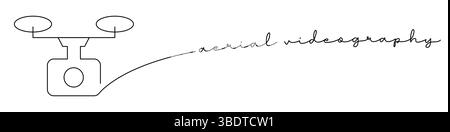 Aerial videography one line icon with caption. Continuous line drawing style. Footer, header. Vector illustration isolated on white background. Stock Vector