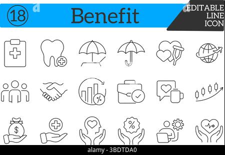 Benefits Thin Line Icons – Financial, Health & Work-Life Balance Stock Vector
