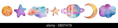 A set of watercolor elements stars, space, moon, clouds, for baby boys and girls. Stock Vector