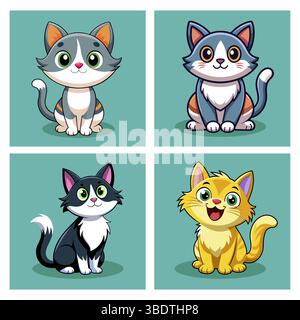 Cute Cartoon Cat Characters Set Vector Illustration Stock Vector