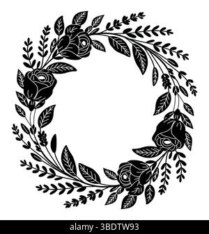 Floral wreath with rose, wild flowers Silhouette Stock Vector