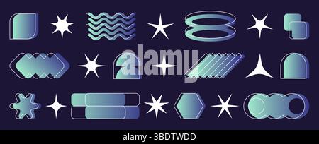 Y2k era gradient shape set - stars and spirals, circles, rounded rectangles and sunbursts in blue and green pastel colors. Retro 2000s vector elements for nostalgic design or abstract backgrounds. Stock Vector