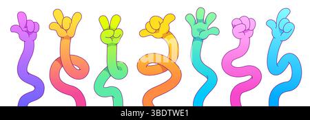 Cartoon hands gesture set - flexible multicolored arms, posing bending fingers, bright colors abstract shapes for design. Funny shapes waving and doing fun symbols signs icons. Diversity expressions. Stock Vector