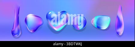 Holographic drops set - colorful fluid blobs with glossy reflections, iridescent gradient colors from pink to purple and teal. Futuristic abstract shapes collection for trendy design projects. Stock Vector