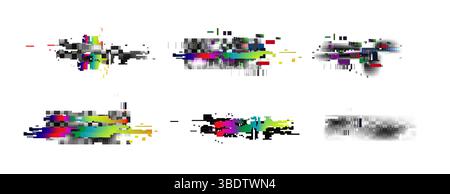 Pixel glitch abstract backgrounds set - distorted colorful mosaic, corrupted data digital noise, broken fragmented image artifacts, damaged video signal error. Retro style random chaos graphics. Stock Vector