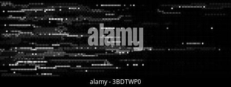 Pixel glitch abstract black and white background. Mosaic distorted texture with horizontal scan lines, digital noise grain effect. Monochrome vector bg for computer screen error, tv signal fail. Stock Vector