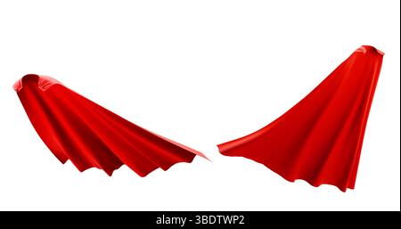 Red superhero cape fluttering. Silk fabric cloth material flowing on wind. Scarlet cloak garment accessory of hero. Power fantasy cinema costume design element. Dynamic waving textile flying on air. Stock Vector