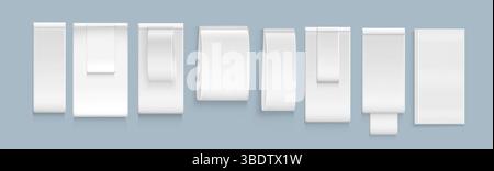 Set of blank beige clothing labels and tags mockup templates isolated on white background. Vertical folded and flat empty fabric ribbons and textile badges. 3d vector for garment logo branding. Stock Vector