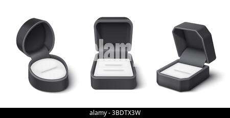 Set of open teal jewelry gift boxes with white velvet lining. Round, square, hexagonal shaped proposal ring cases. Realistic 3d empty black presentation packages for wedding or engagement band. Stock Vector