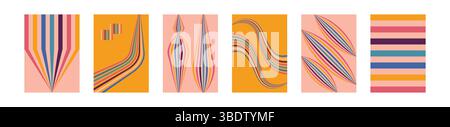 Retro 70s geometric cover set. Vintage rainbow color Stock Vector