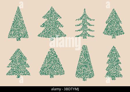 Trendy Christmas tree with stipple dots. Textured green fir elements collection Stock Vector