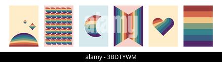 Retro 70s geometric cover set. Vintage rainbow color Stock Vector