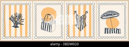 Minimalist summer stamp posters with beach scenes Stock Vector