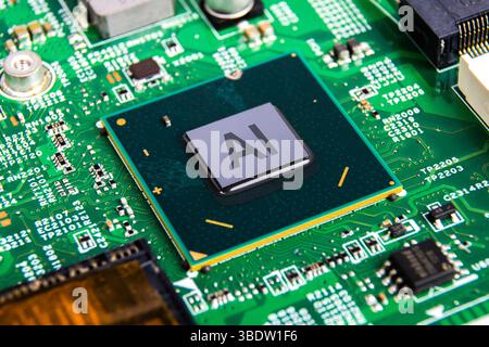 AI Central Processing Unit, A close up view of a computer AI central processing unit CPU on motherboard, Artificial Intelligence Stock Photo