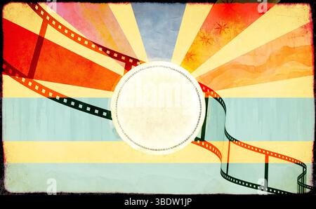 Grunge background with old paper texture and retro filmstrip. Horizontal retro banner with film reel. Vintage creative backdrop with striped burst pat Stock Photo