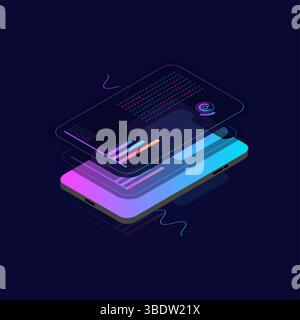 Mobile phone with online statistics and data analytics. Digital money market, investment, finance and trade. Ideal for web design, banners and Stock Vector