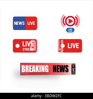 Set of live streaming icons Online Icon video broadcasting. Red and black symbols and buttons of live streaming, broadcasting, online stream. Symbols Stock Vector