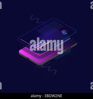 Big data processing, CPU processor isometric banner, network data transfer and calculation, dark neon violet vector. Digital money market, investment Stock Vector
