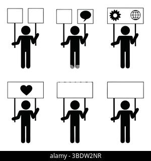 stick figure icons holding signs and placards black Stock Vector