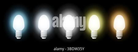 Light bulbs with varying color temperatures, ranging from cold to warm, illuminating against a dark backdrop, highlighting adjustable lighting options Stock Vector
