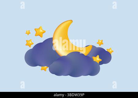 3d render of a crescent moon shining over some stylized clouds and stars, creating a dreamy and peaceful night scene, perfect for children s illustrat Stock Vector