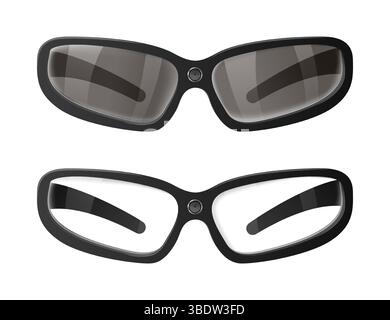 Smart glasses with an integrated camera are displayed, showcasing both dark and clear lenses, suitable for various lighting conditions and technologic Stock Vector