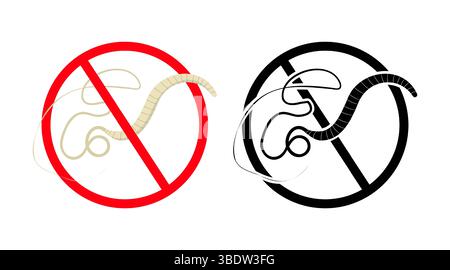 Whipworm crossed out by red prohibition sign, parasite, medicine, healthcare concept, trichuriasis, vector illustration in two variants, color and bla Stock Vector