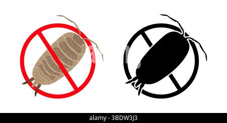 Red forbidding and black prohibiting signs crossing common rough woodlouse, terrestrial crustacean isopod pests living in humid environment, pill bug Stock Vector