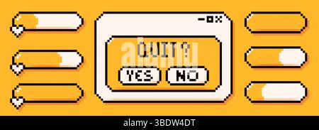 A set of energy lives line bars and dialog box drawn in pixel art style on yellow background. Stock Vector
